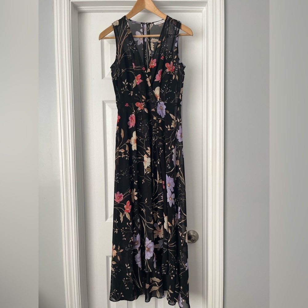 Calvin Klein Black Floral Chiffon Midi Dress – Size 6